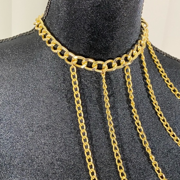 Gold Chain Harness One Arm Chain Necklace Vest Neck Harness Statement Jewelry - Picture 4 of 13